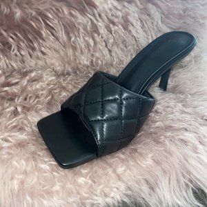 Black Quilted Sandals Padded Square Heels